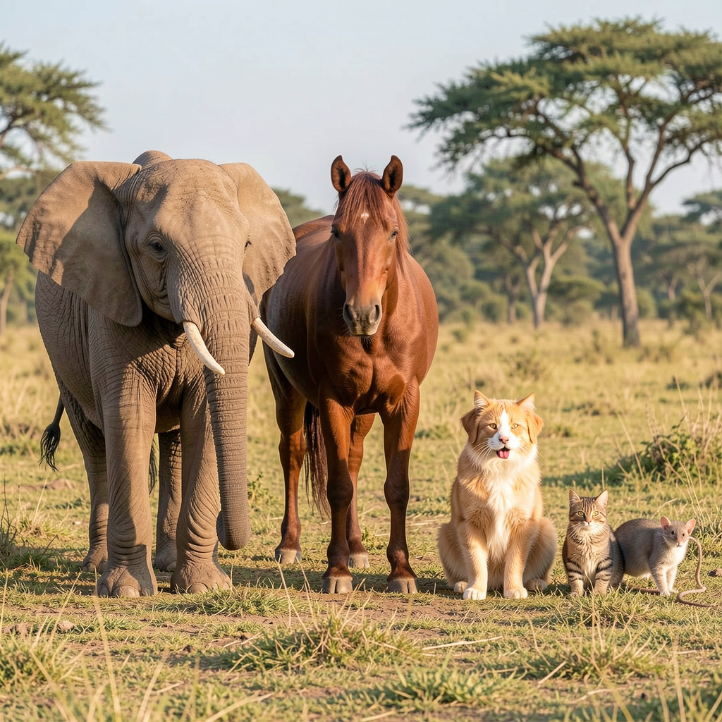 A group photo of an elephant, a horse, a dog, a cat, and a m