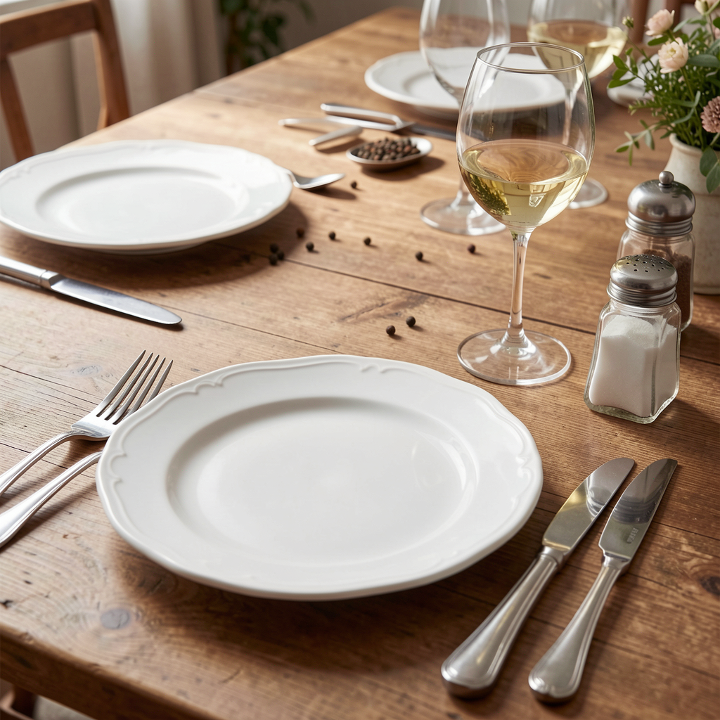 A dinner table scene with a plate, fork, knife, wine glass, 