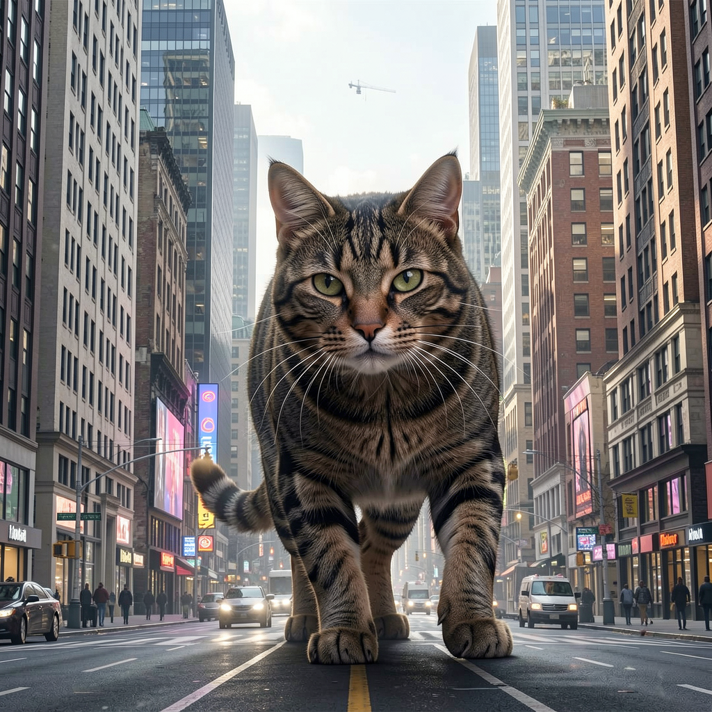 A giant tabby cat walking between city skyscrapers like a ka