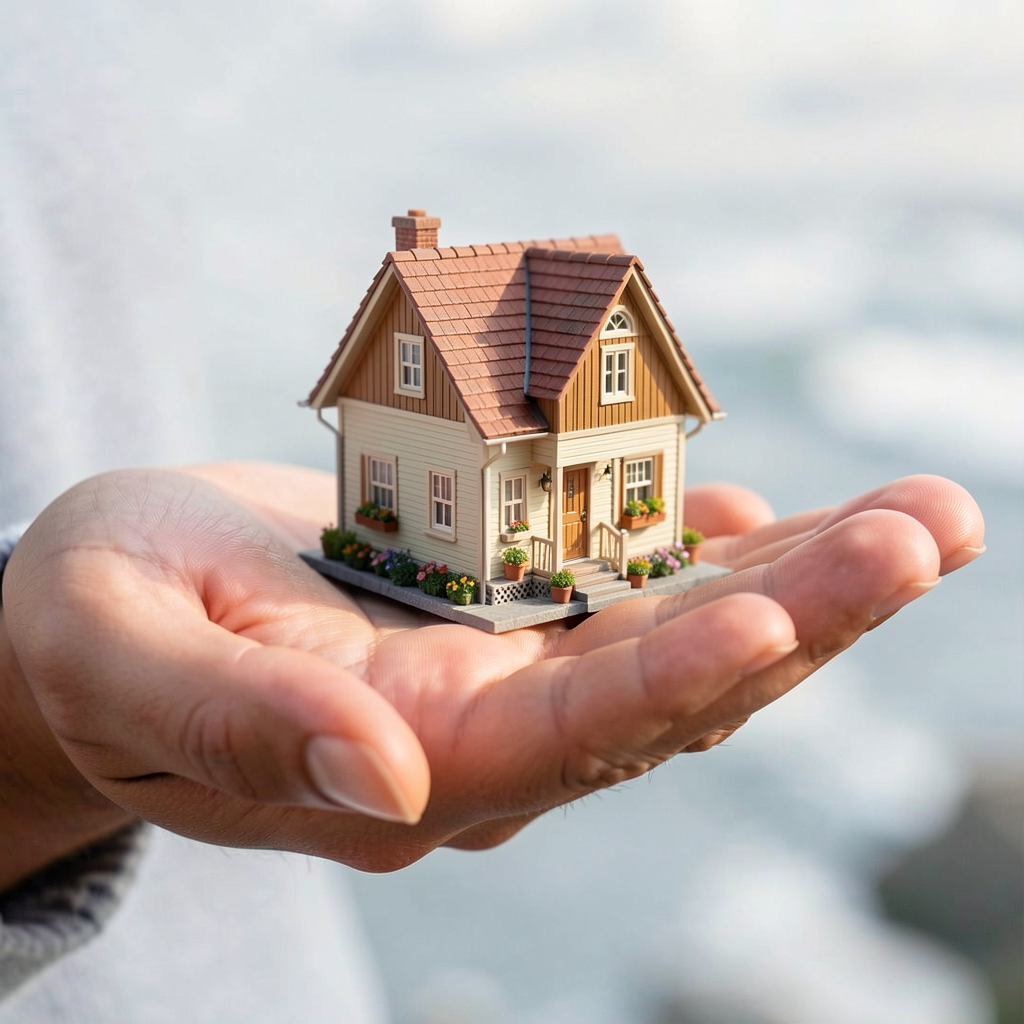 A miniature house sitting on the palm of someone's hand
