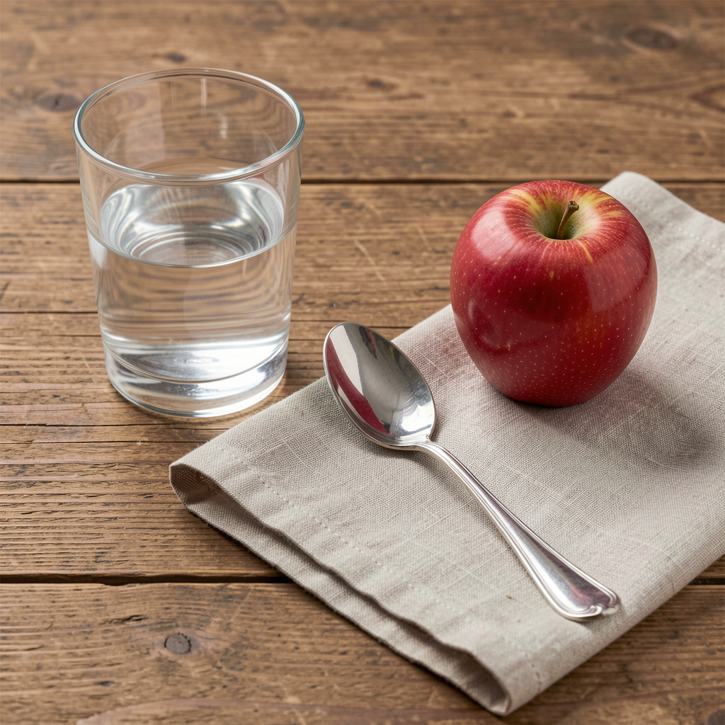 A still life on a wooden table featuring a clear glass of wa