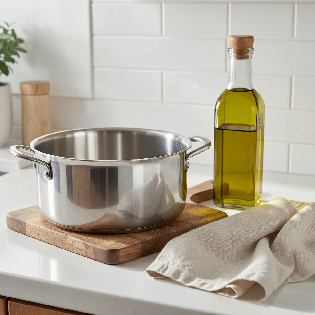 A kitchen counter with a stainless steel pot, a wooden cutti