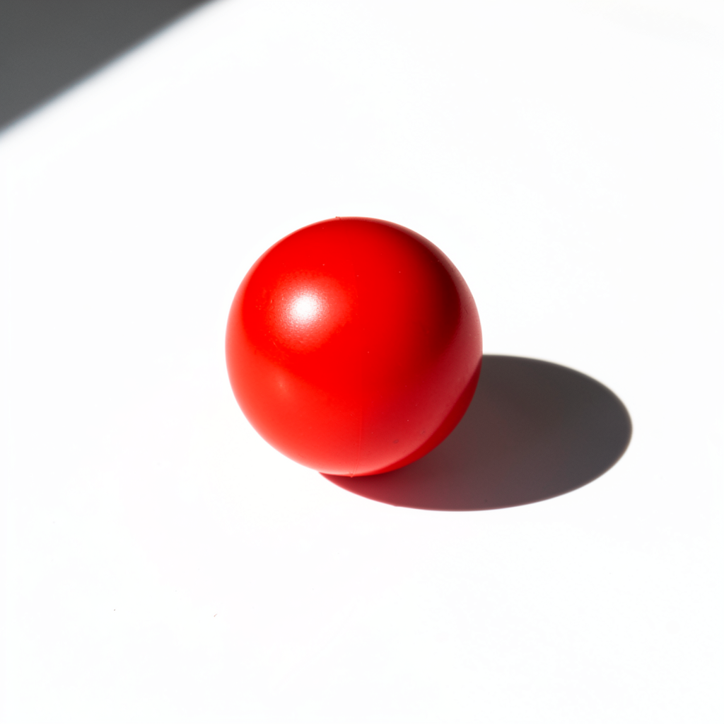 A red sphere on a white surface with a single shadow cast to