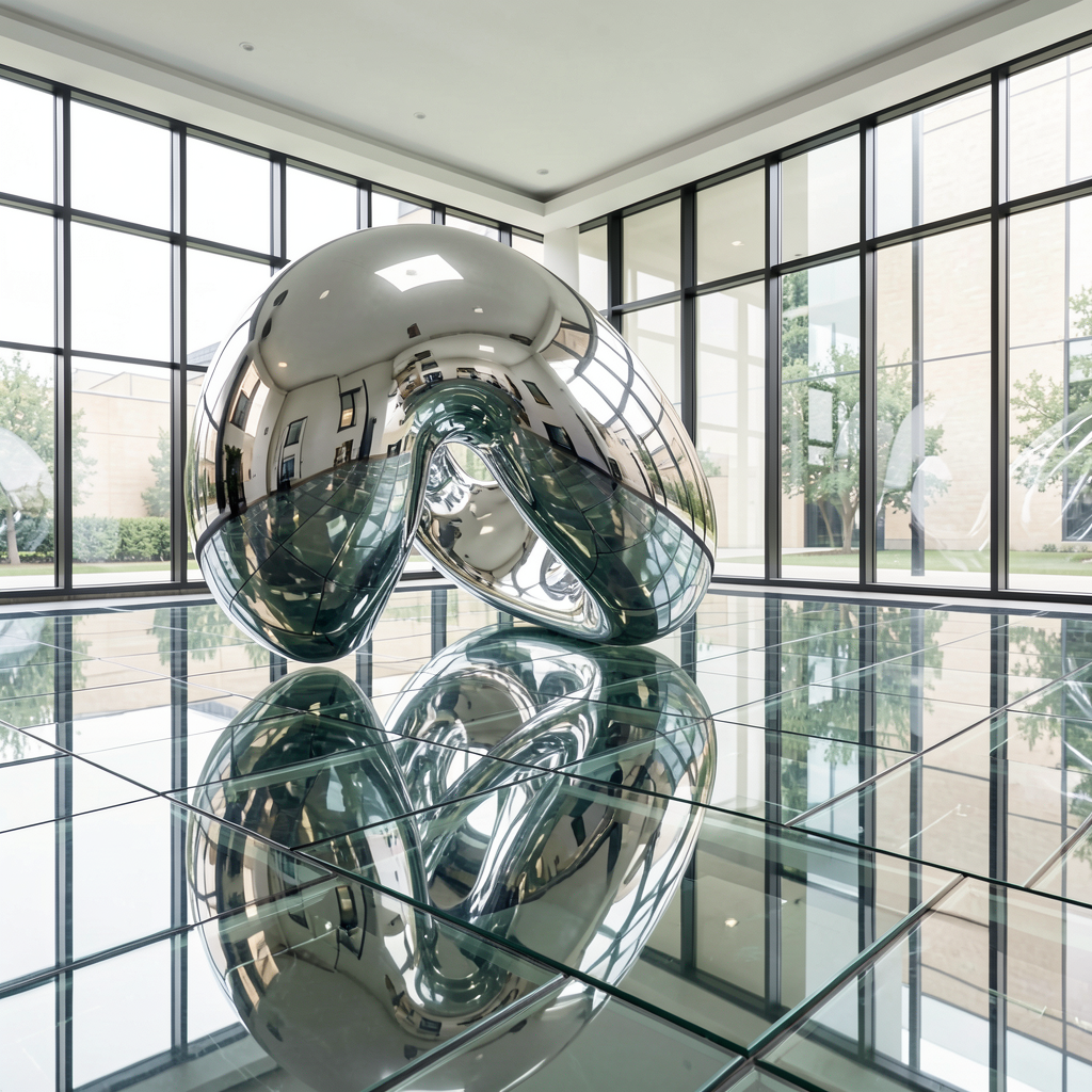 A chrome sculpture in a room with a glass floor and large wi