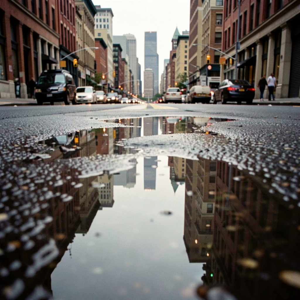 A city skyline reflected in a rain puddle on a street, with 