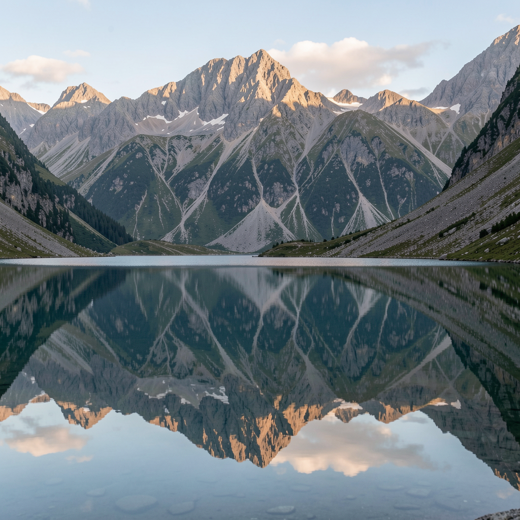 A mountain range reflected in a still alpine lake, with the 