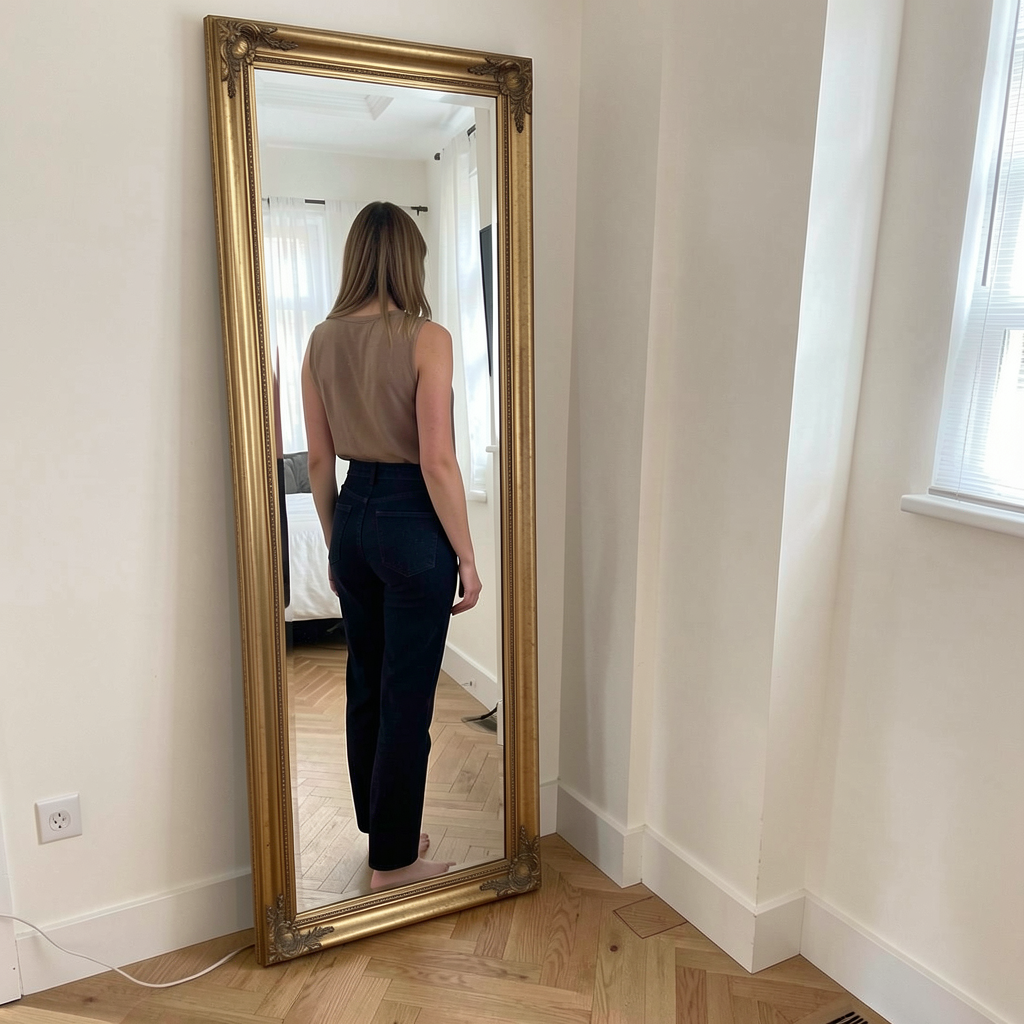A woman standing in front of a full-length mirror, her refle
