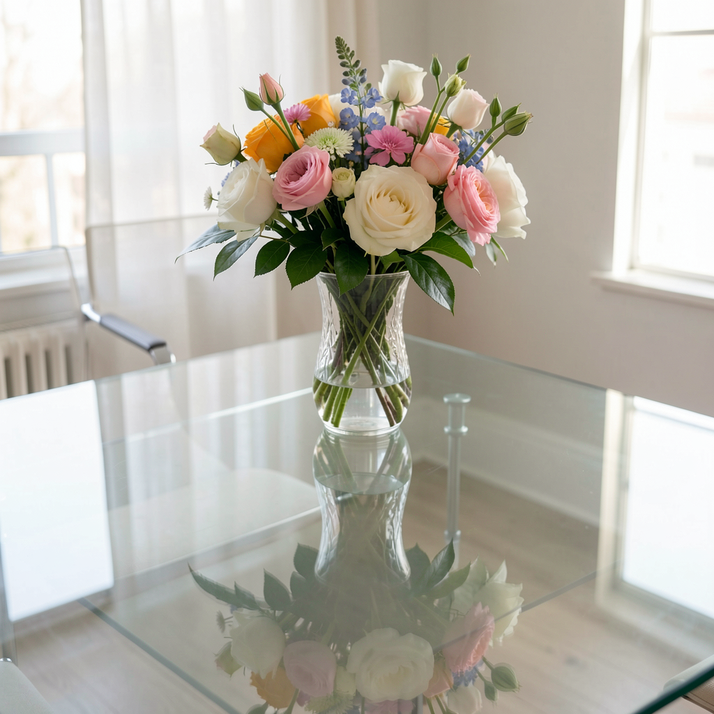 A vase of flowers on a glass table with a clear reflection v