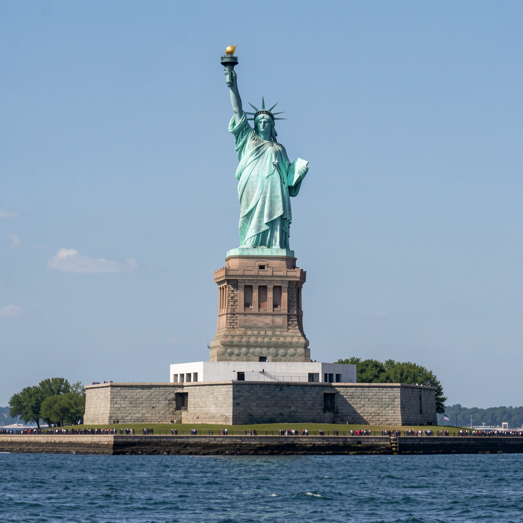 The Statue of Liberty on her island pedestal, with correct t