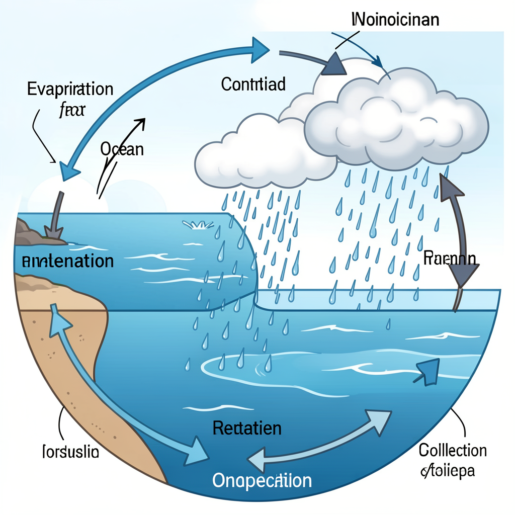 A detailed diagram of the water cycle showing evaporation fr
