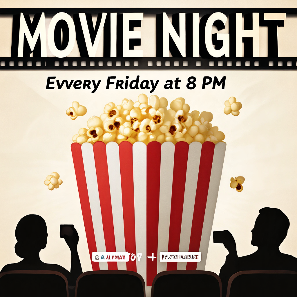 A movie night poster with a large popcorn image in the cente