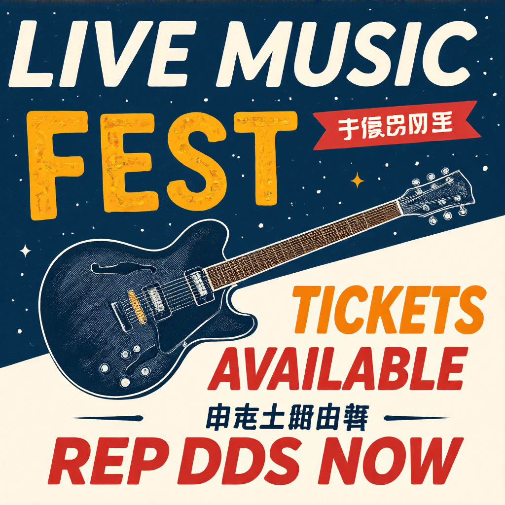 An event poster featuring a guitar illustration, the headlin