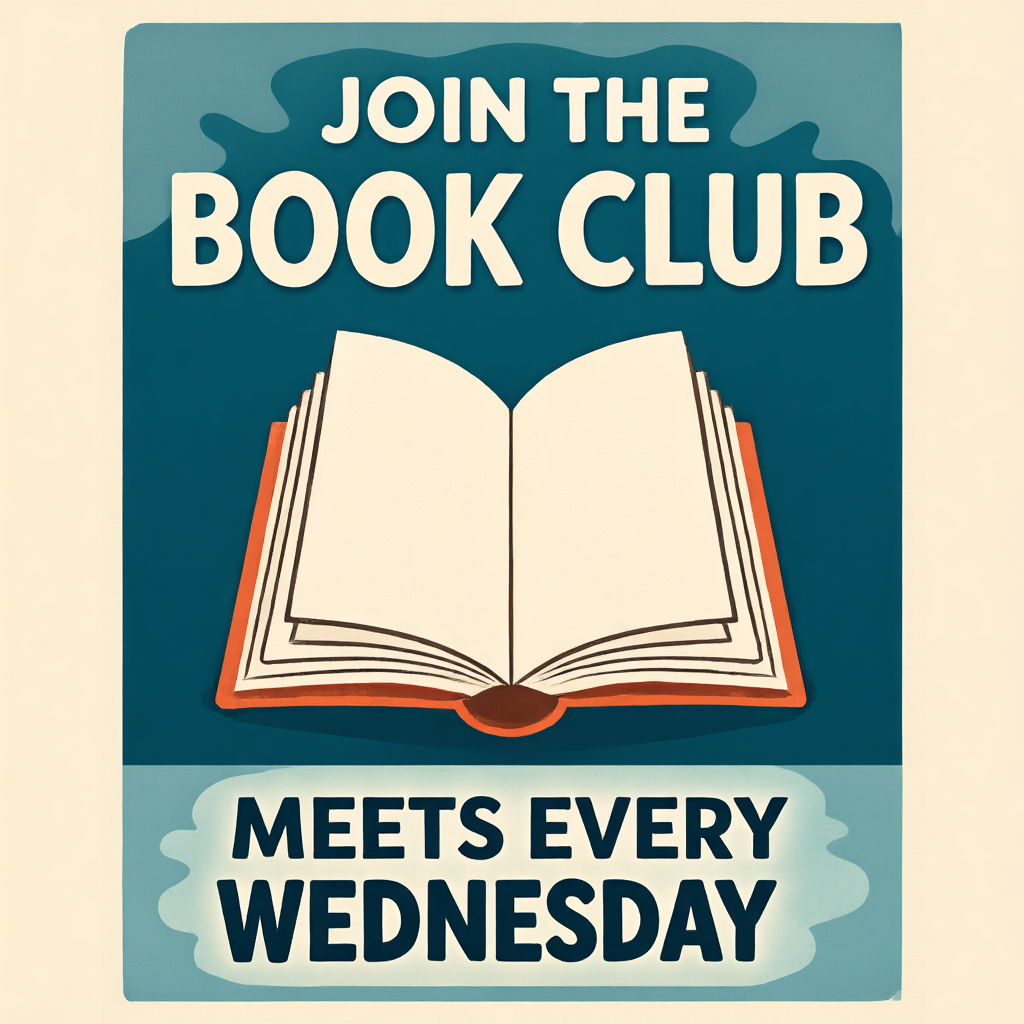 A book club poster with an open book illustration, the title