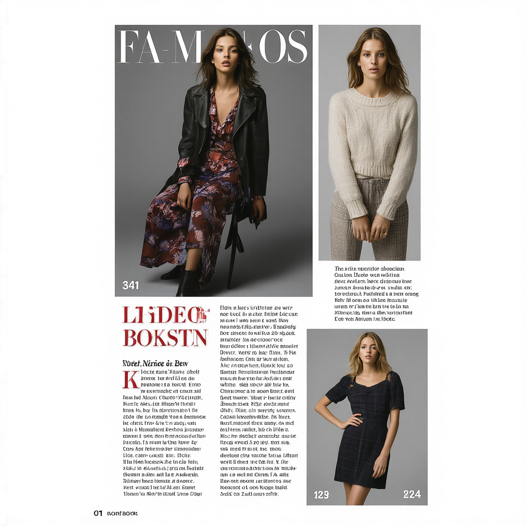 A fashion magazine spread with a full-bleed left-page photo,