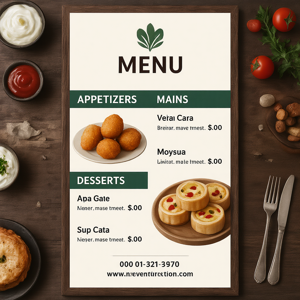 A restaurant menu layout with a logo header, three category 