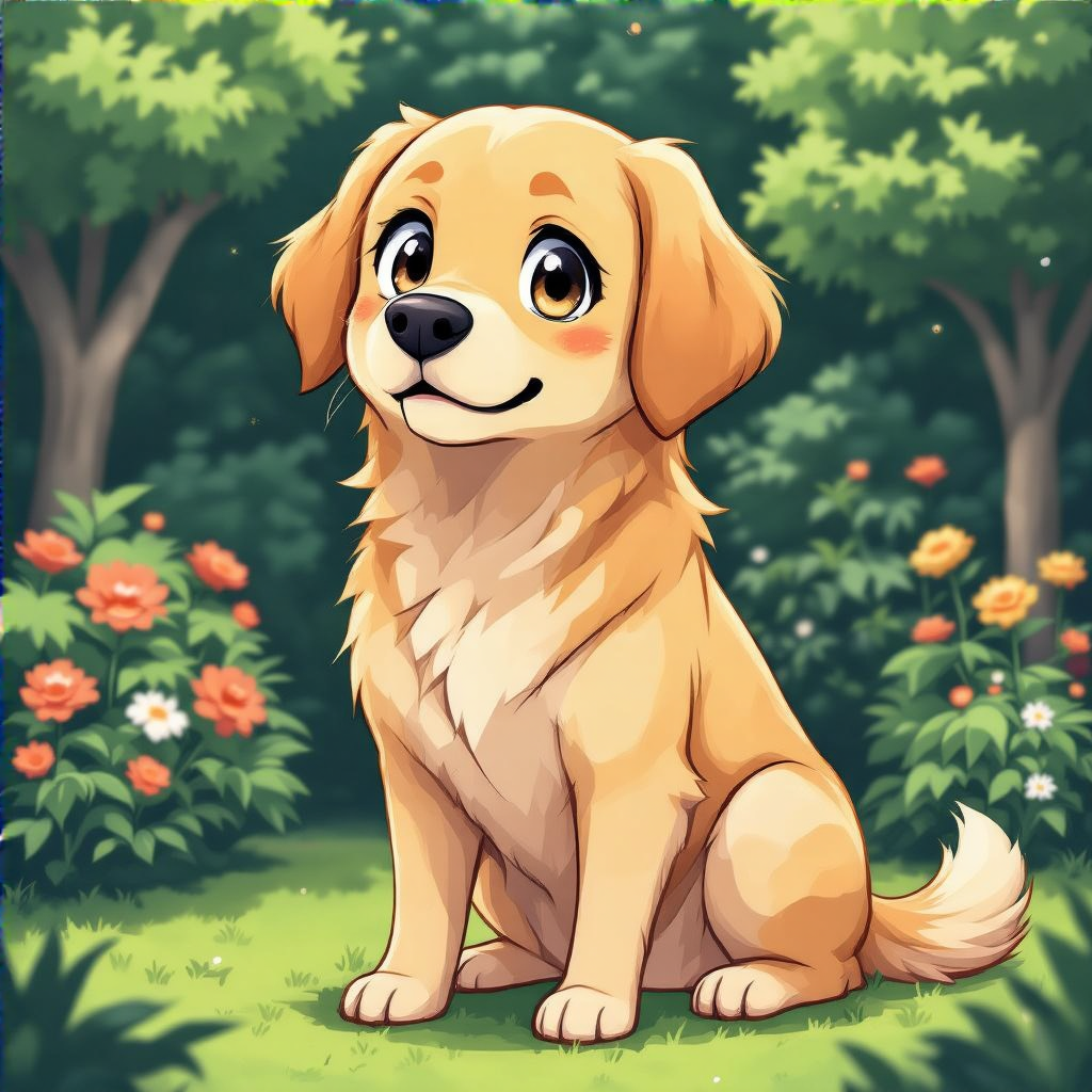 A golden retriever sitting in a garden, rendered in Japanese