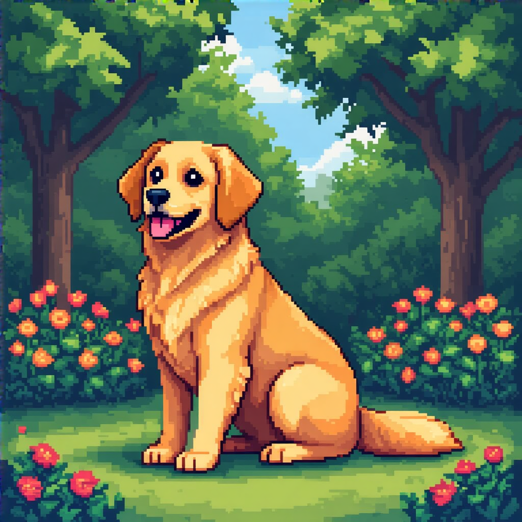 A golden retriever sitting in a garden, rendered in pixel ar