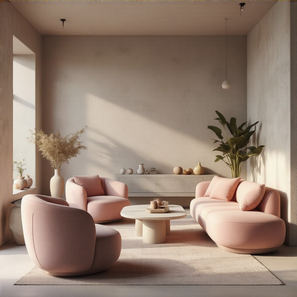 An interior scene rendered in soft brutalism — raw concrete 