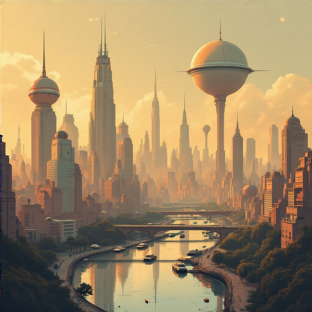 A cityscape rendered in nostalgic futurism — retro-futuristi