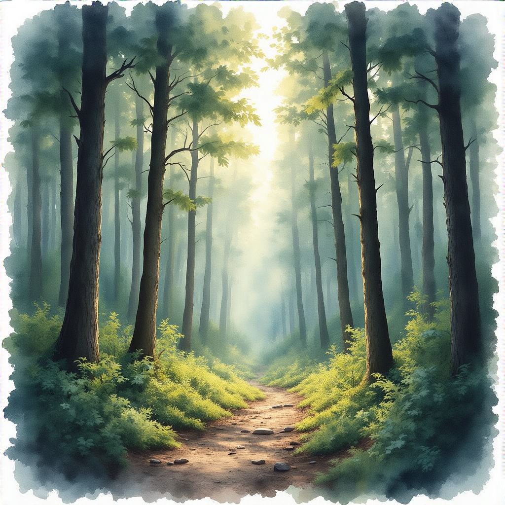 A forest rendered in photorealistic watercolor — the detail 