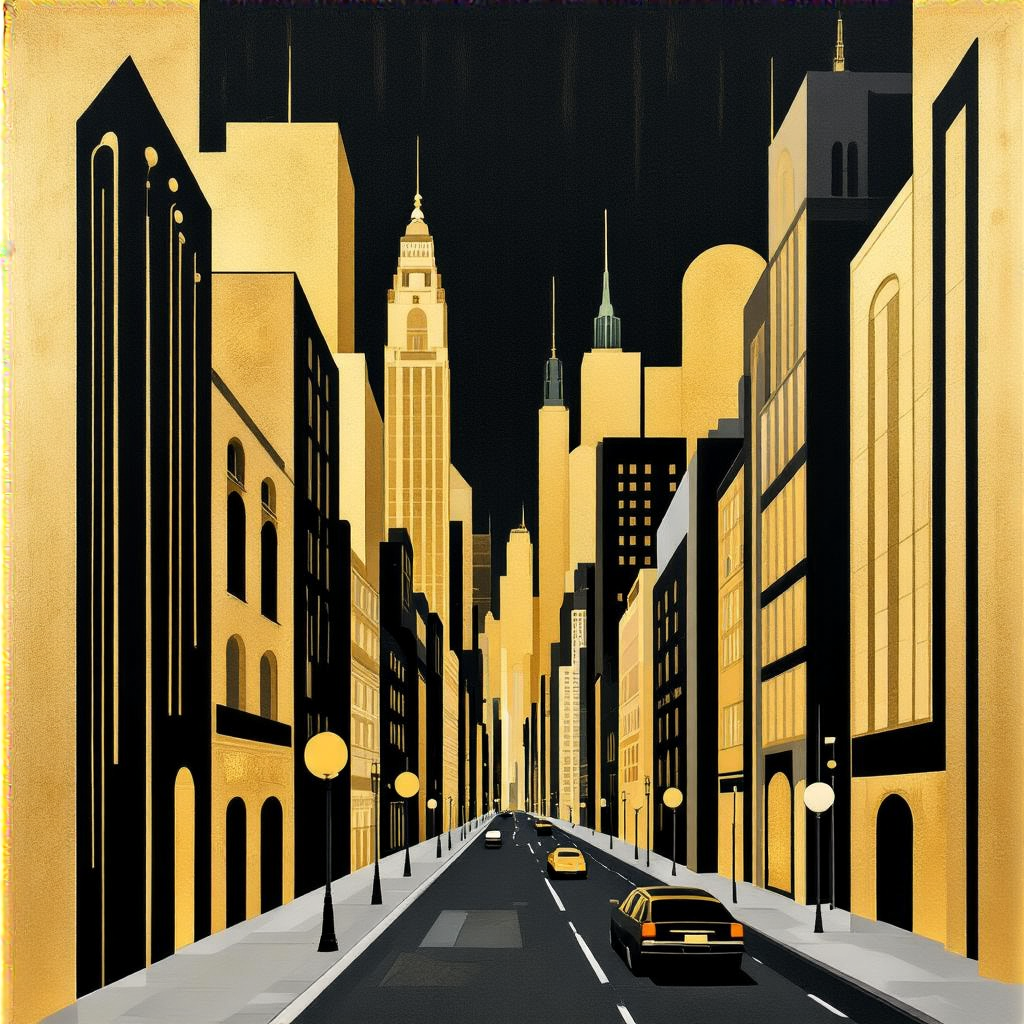 A city street scene in the style of Art Deco — geometric sha