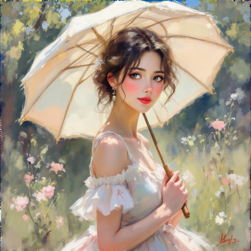 A woman with a parasol in the style of Impressionism — soft 