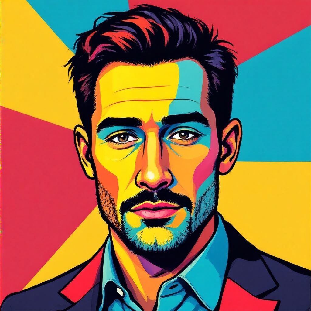 A portrait of a man in Pop Art style — bold outlines, Ben-Da