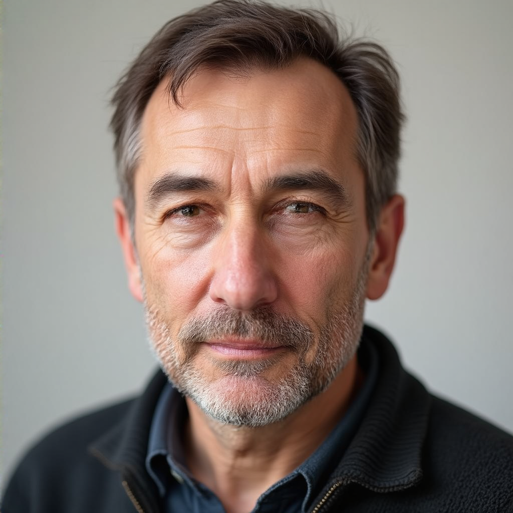 A portrait of a middle-aged man with a calm, serious express
