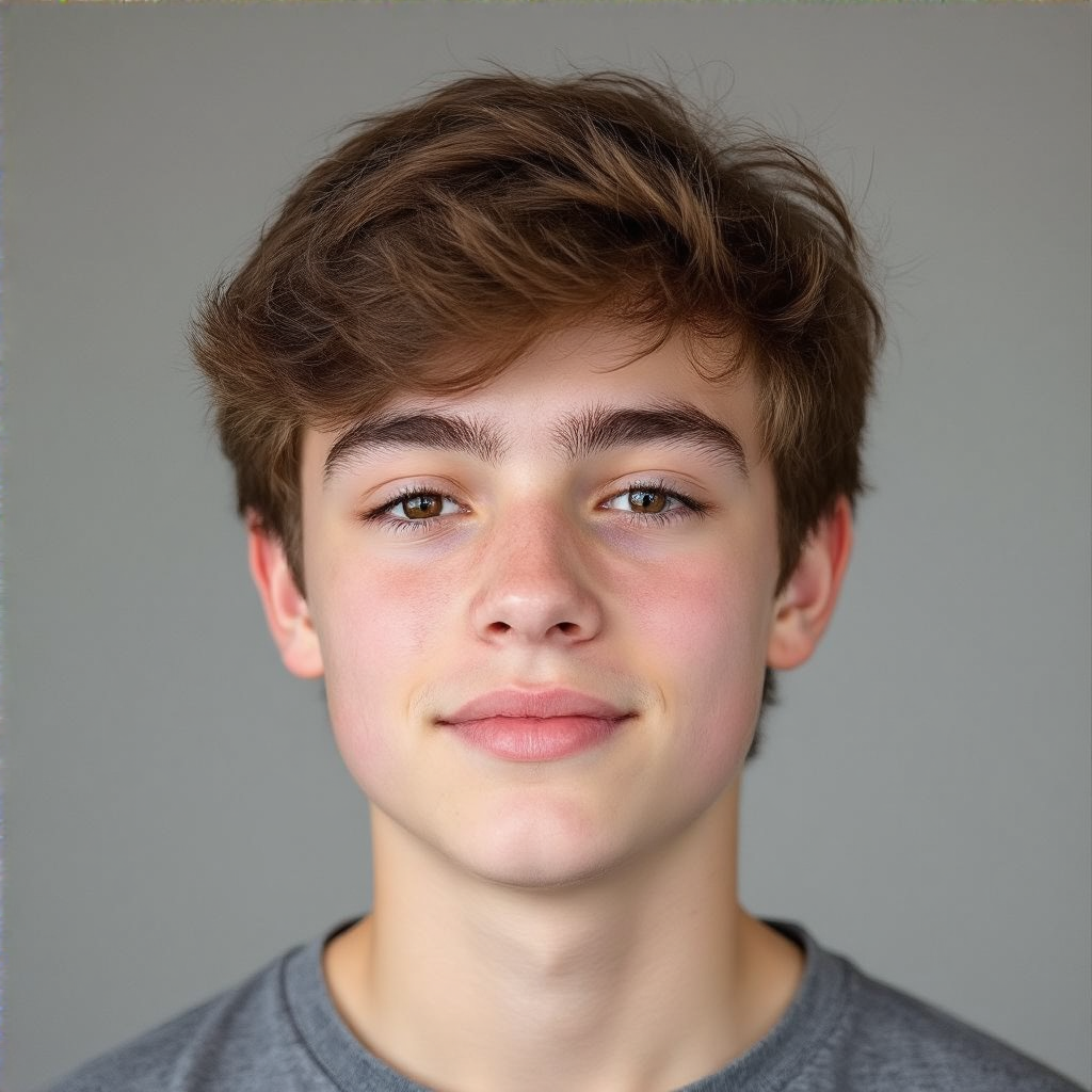 A headshot of a teenager with a relaxed, neutral face