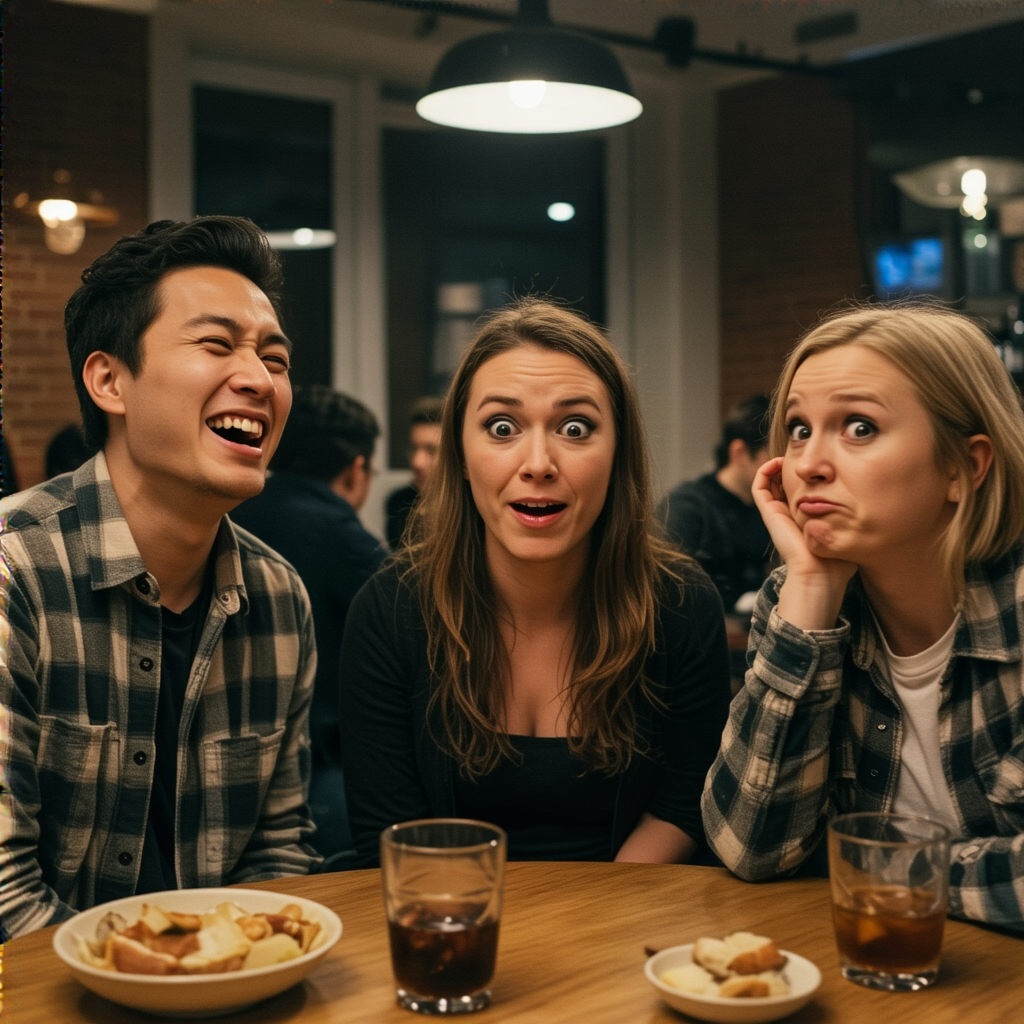 A group of three friends at a table: one laughing with head 
