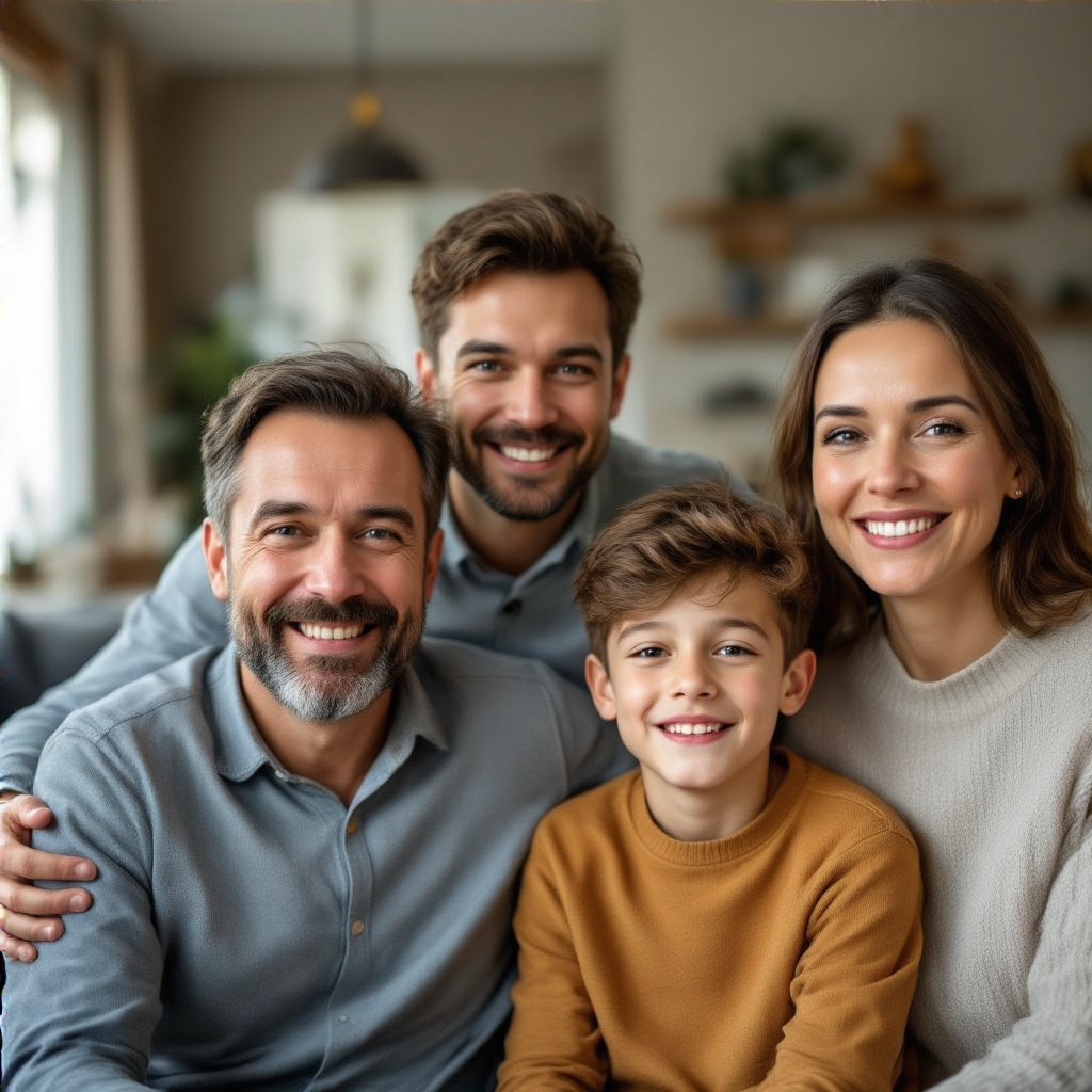 A family photo with four people: a father beaming with pride