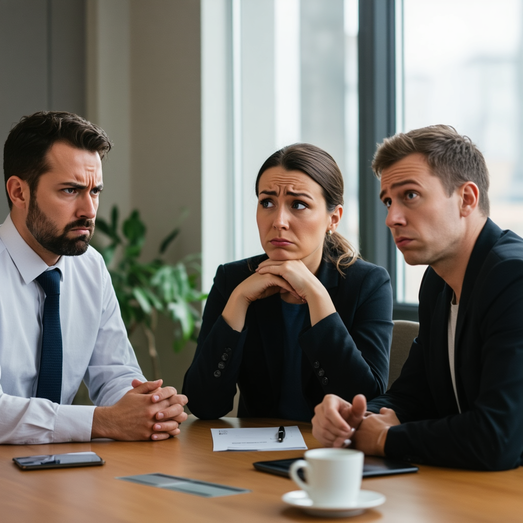 Three coworkers in a meeting: one looking frustrated with fu