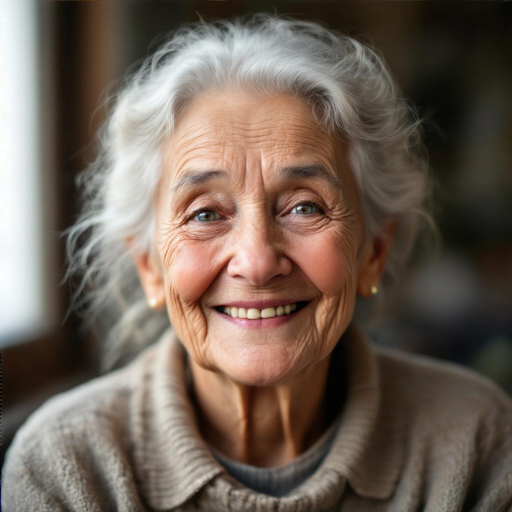 An elderly woman in her 80s with deep wrinkles and white hai