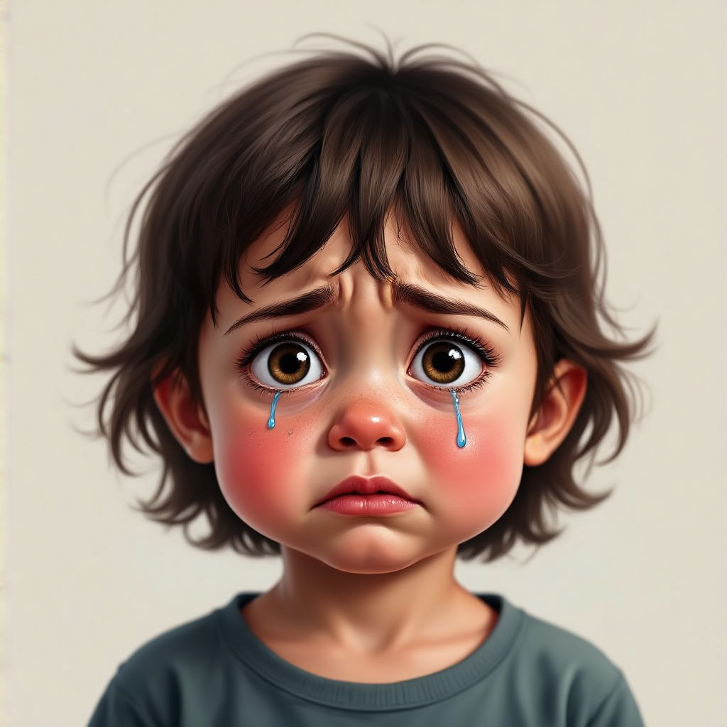 A 5-year-old child with round cheeks and large eyes, crying 
