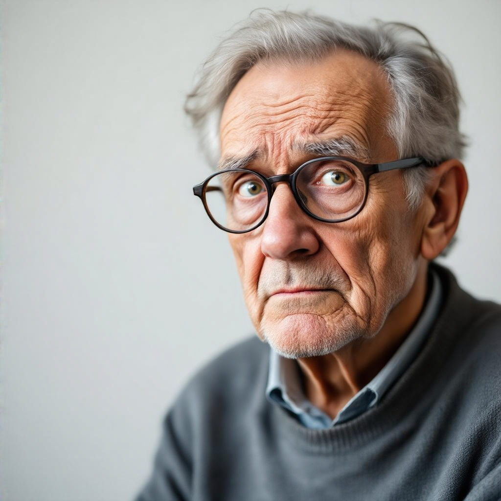 An elderly man in his 70s with age spots and thinning gray h
