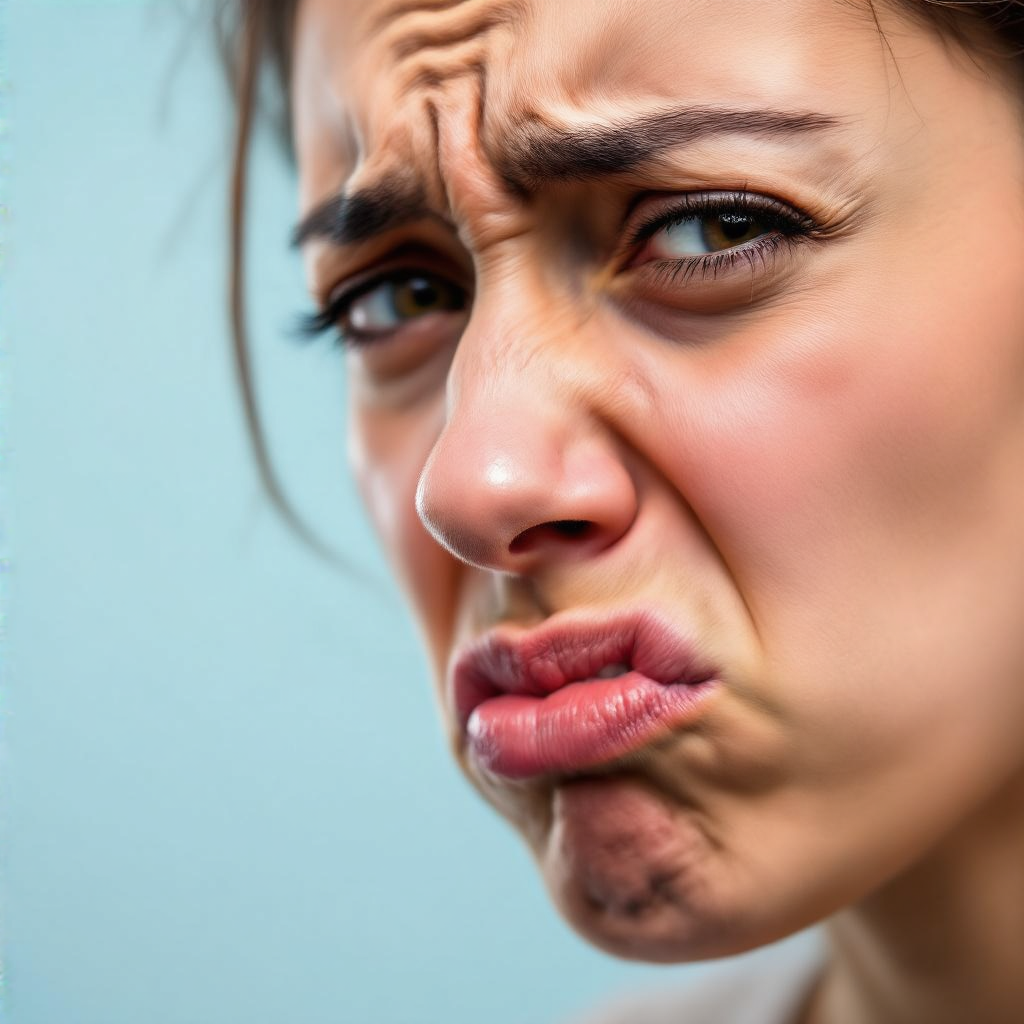 A close-up of a person's face showing clear disgust, nose wr