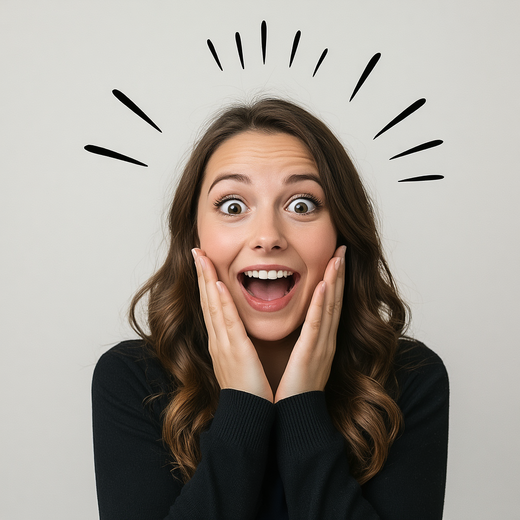 A portrait capturing genuine surprise — raised eyebrows, wid