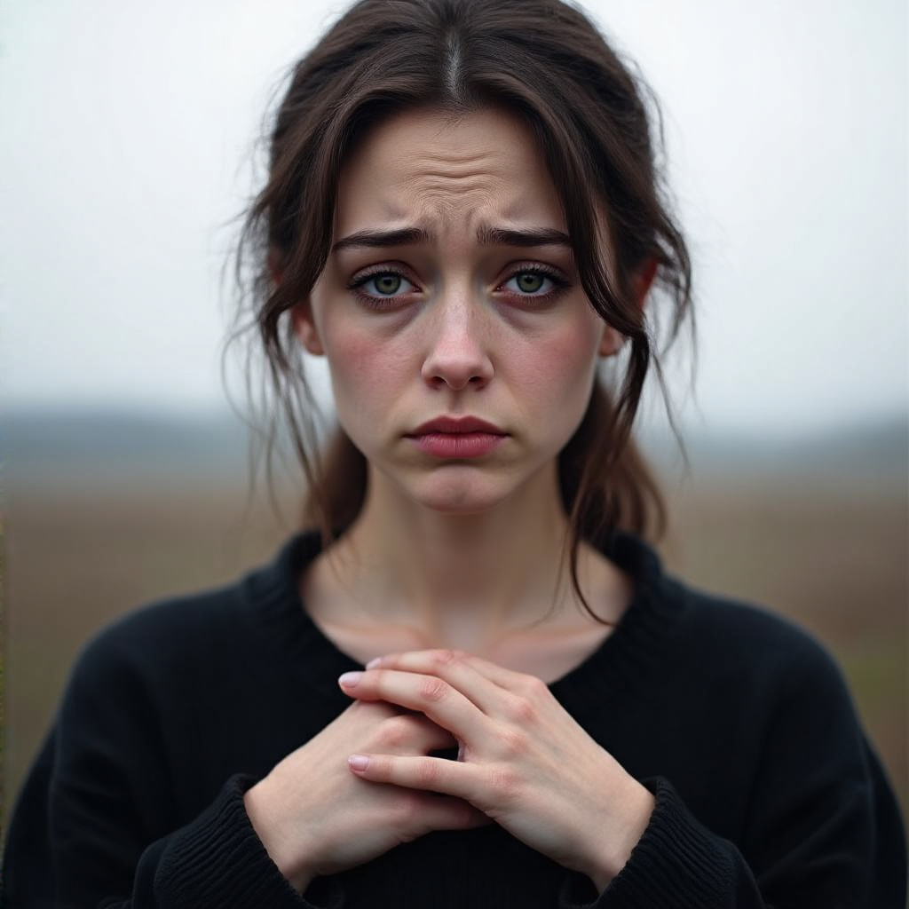 A face showing quiet melancholy — downcast eyes, slightly dr
