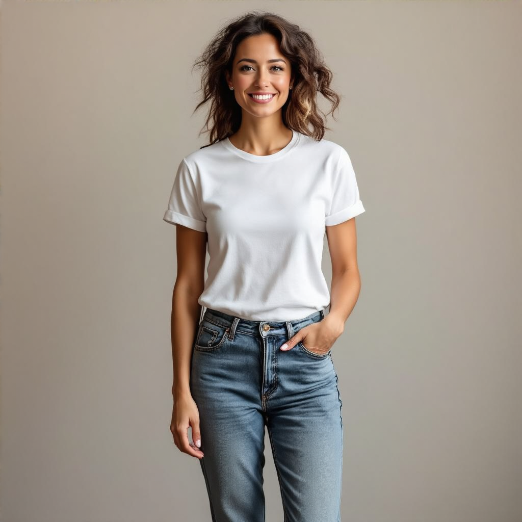 A woman standing upright in a relaxed pose, arms at her side