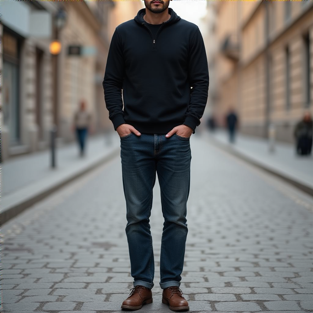 A man standing straight facing the camera, hands in pockets,