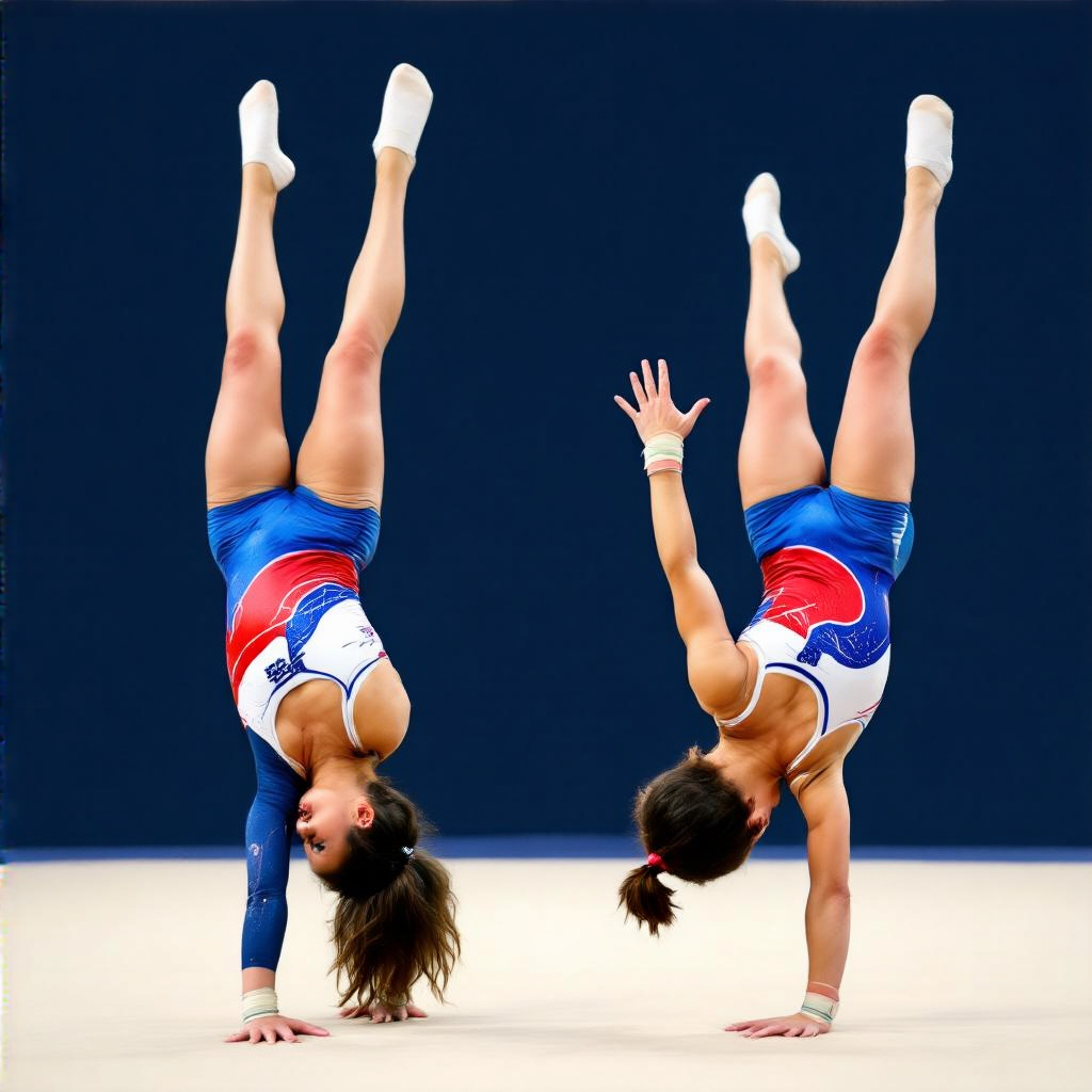 Two gymnasts performing a synchronized handstand, side by si