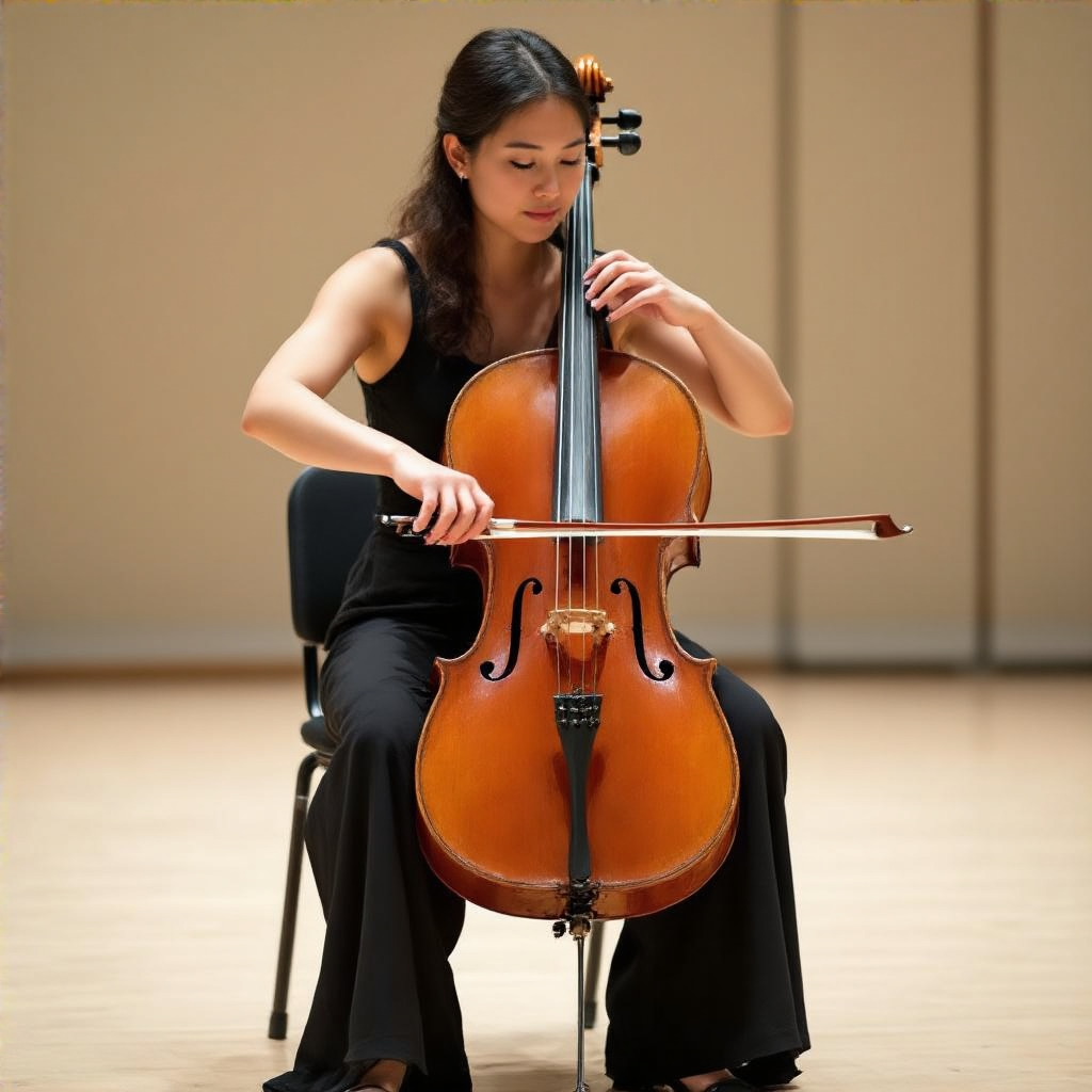 A cellist seated with correct posture, legs around the instr