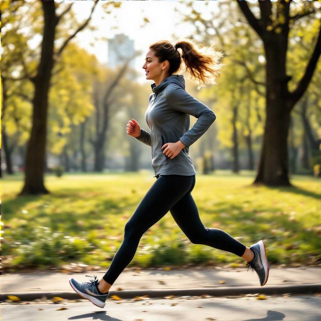 A woman mid-stride running through a park, hair and clothes 
