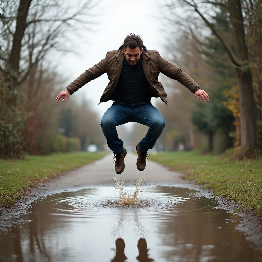 A man captured mid-jump over a puddle, body in the air with 