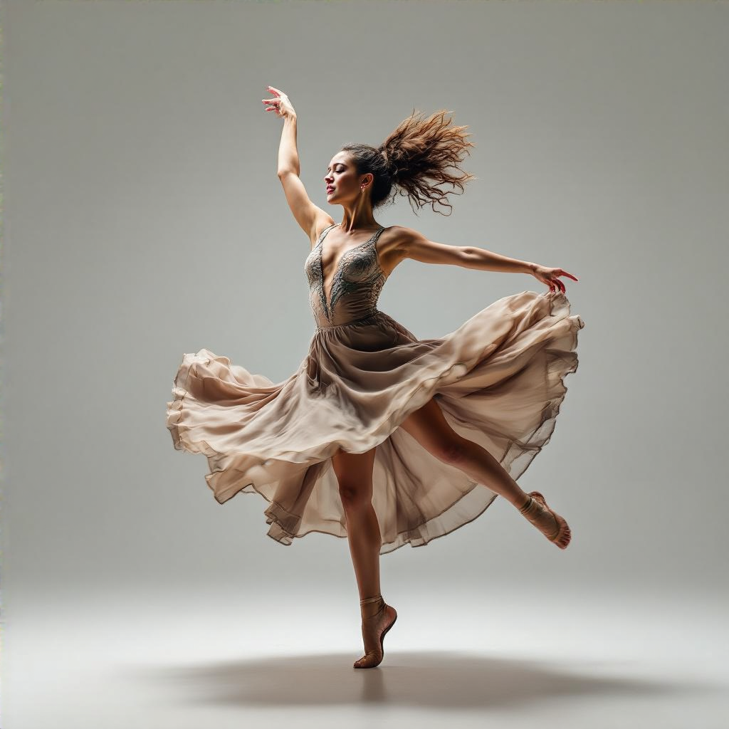 A dancer in a dynamic spin, dress flowing outward with one l