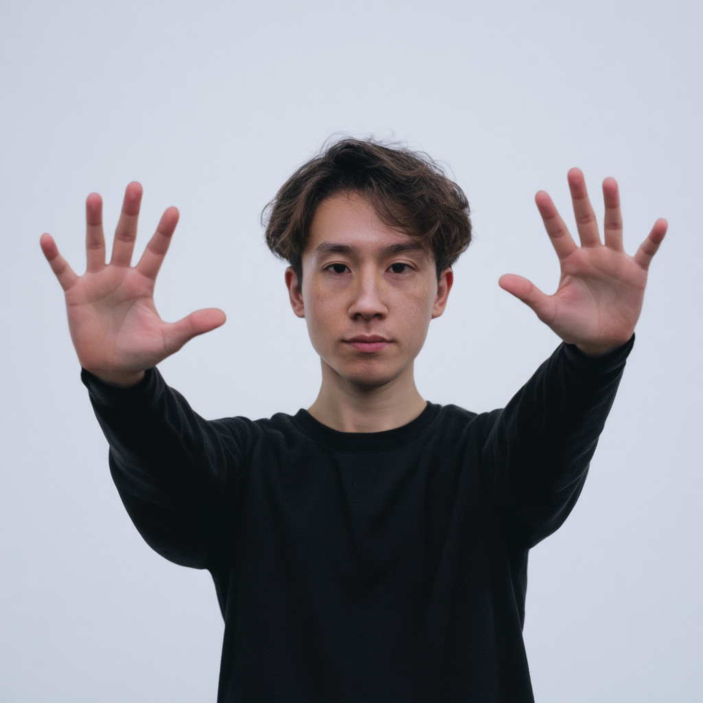 A person standing with both hands visible at their sides, fi