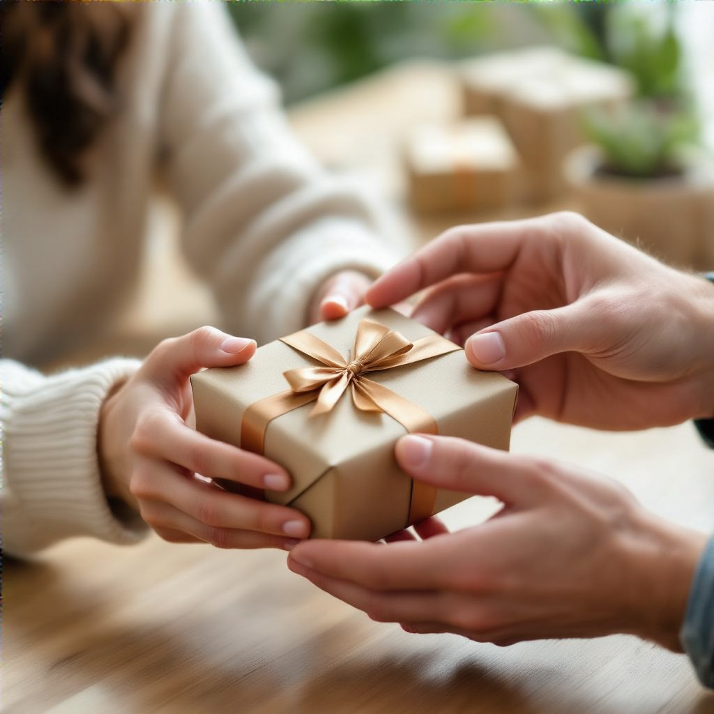 One person handing a small gift box to another person, both 