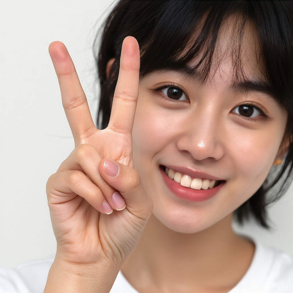 A person making a peace sign with their right hand, clearly 
