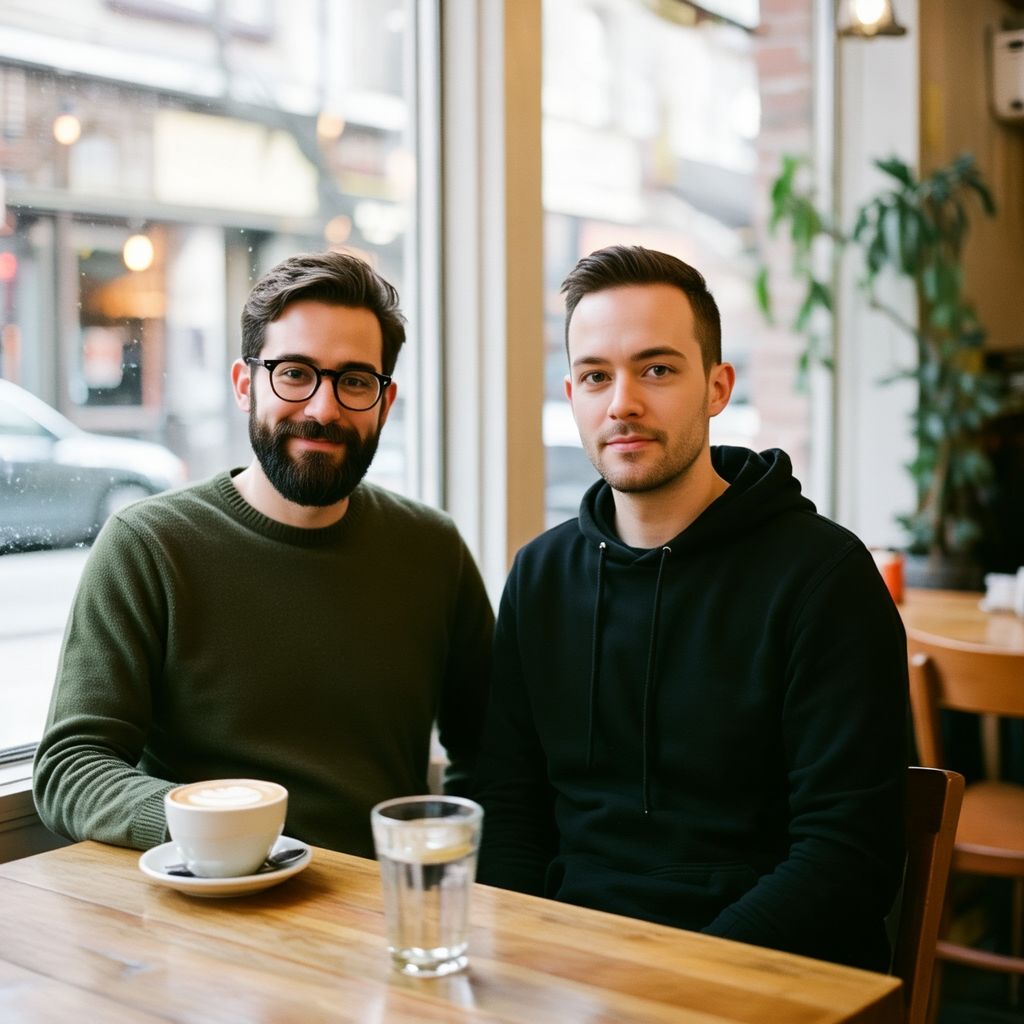 Two men at a cafe: one with a beard and glasses wearing a gr
