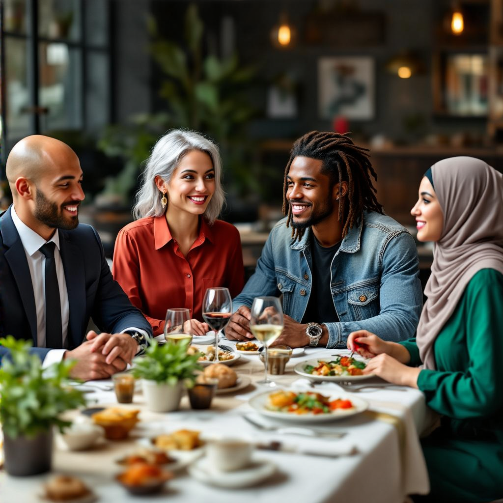 Four people at a dinner table: a bald man in a suit, a woman